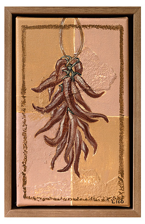 Chillies artwork, painting of hanging red hot chillies in Italy by Marissa Lico.