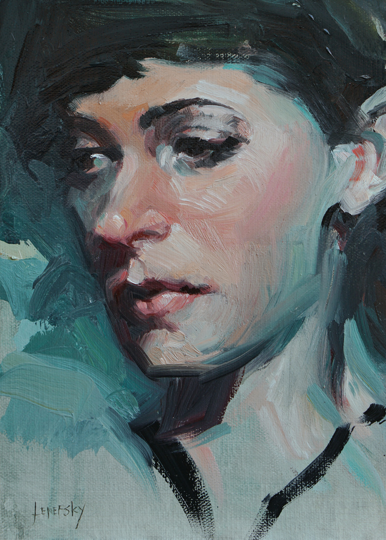 Paget Brewster sketch in oil on canvas by Heather Lenefsky