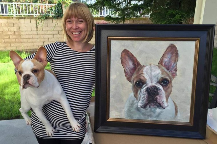 Client and her dog with their portrait of 'Sir Butters' by Heather Lenefsky Art
