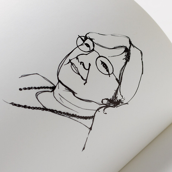 Zoomed in detail of the AIGA SF 25th Anniversary book, showing an illustration of Linda Hinrichs by Brendan Callahan