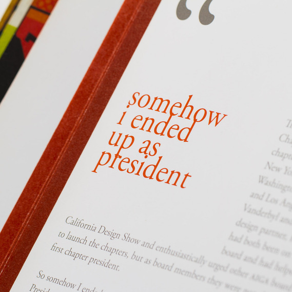 Zoomed in detail of the AIGA SF 25th Anniversary book, showing a pull quote from Linda Hinrichs stating 