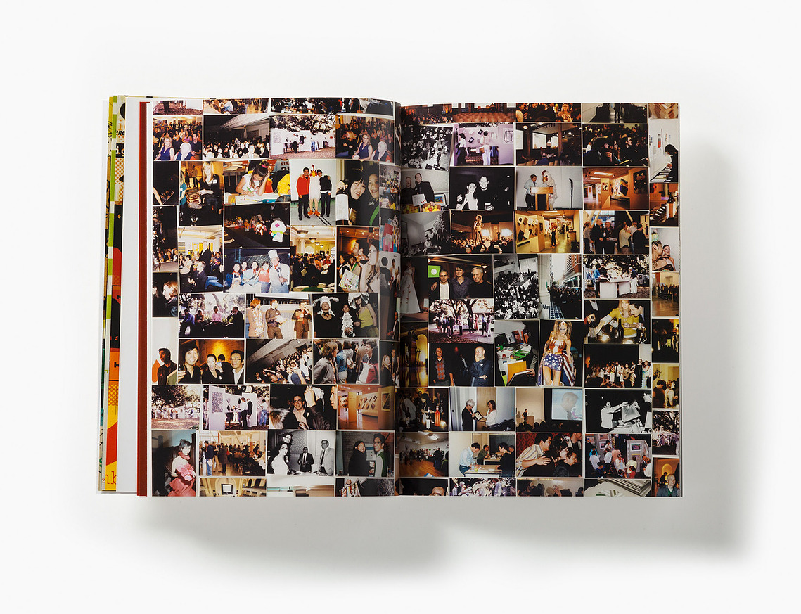 Full book spread of the AIGA SF 25th Anniversary book, showing a bulletin-board-style of images from past AIGA events.