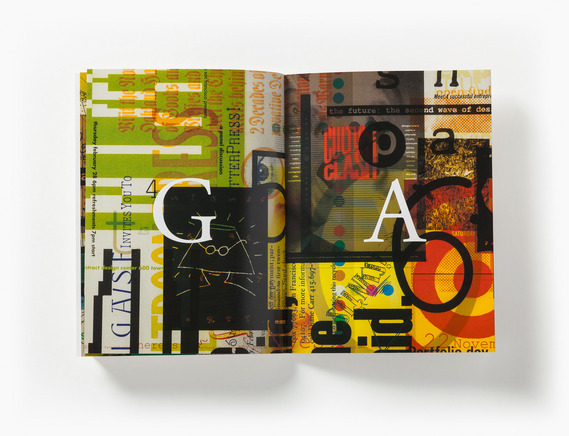 Aroma pages 4-5 of the AIGA SF 25th Anniversary book. The letters G and A are highlighted in the middle of each page.