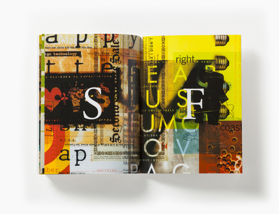 Aroma pages 6-7 of the AIGA SF 25th Anniversary book. The letters S and F are highlighted in the middle of each page.