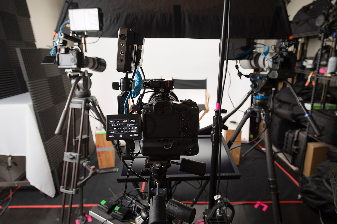 3-camera video setup for a 2-person interview.