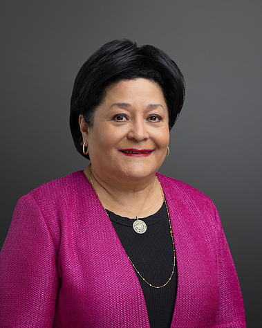 Formal portrait of Carmen Castro Franceschi, the former Executive Managing Director of First Republic Bank, against a gray seamless background. The photographic lighting on the face is considered 
