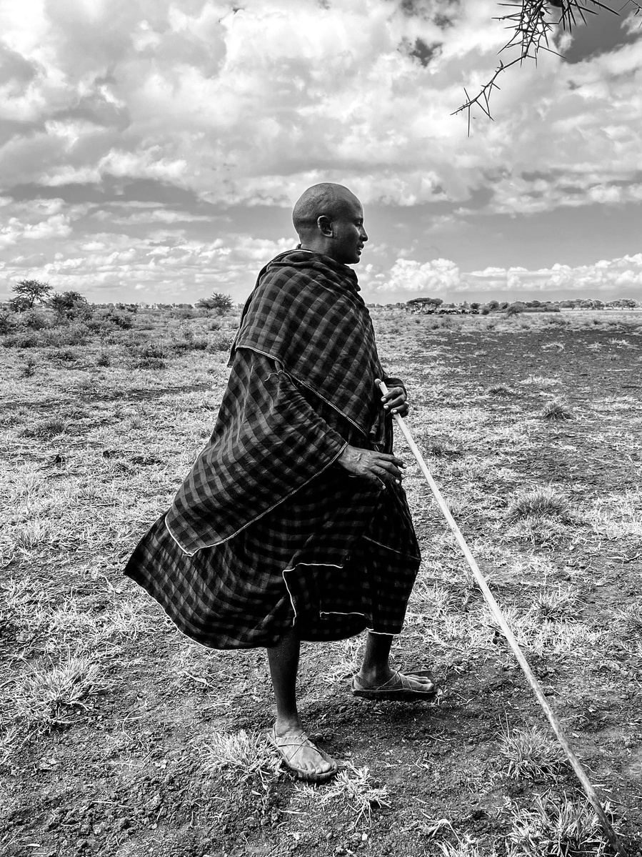 Tanzania, Masai warrior in the village, farmer, bnw, black and white photography