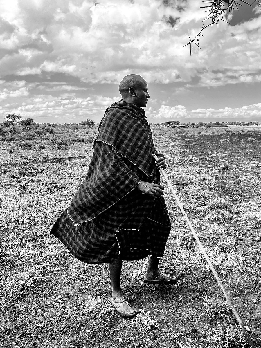 Tanzania, Masai warrior in the village, farmer, bnw, black and white photography