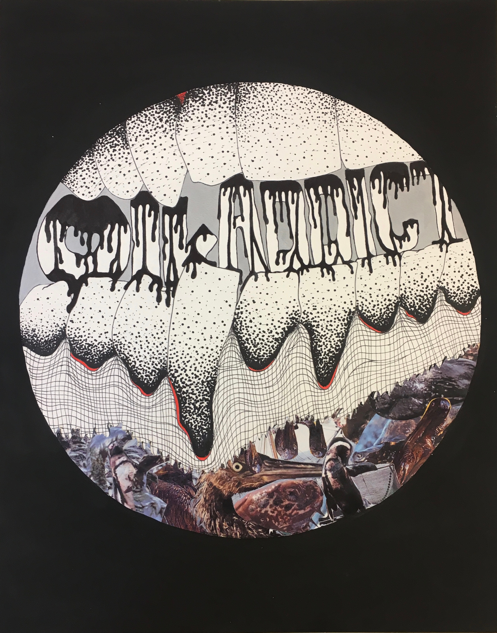 In this series each hold up a mirror to society in different ways. This one conveys how our oil addiction is slowly rotting our planet, much like how a dip addiction slowly rotts your teeth and causes cancer.