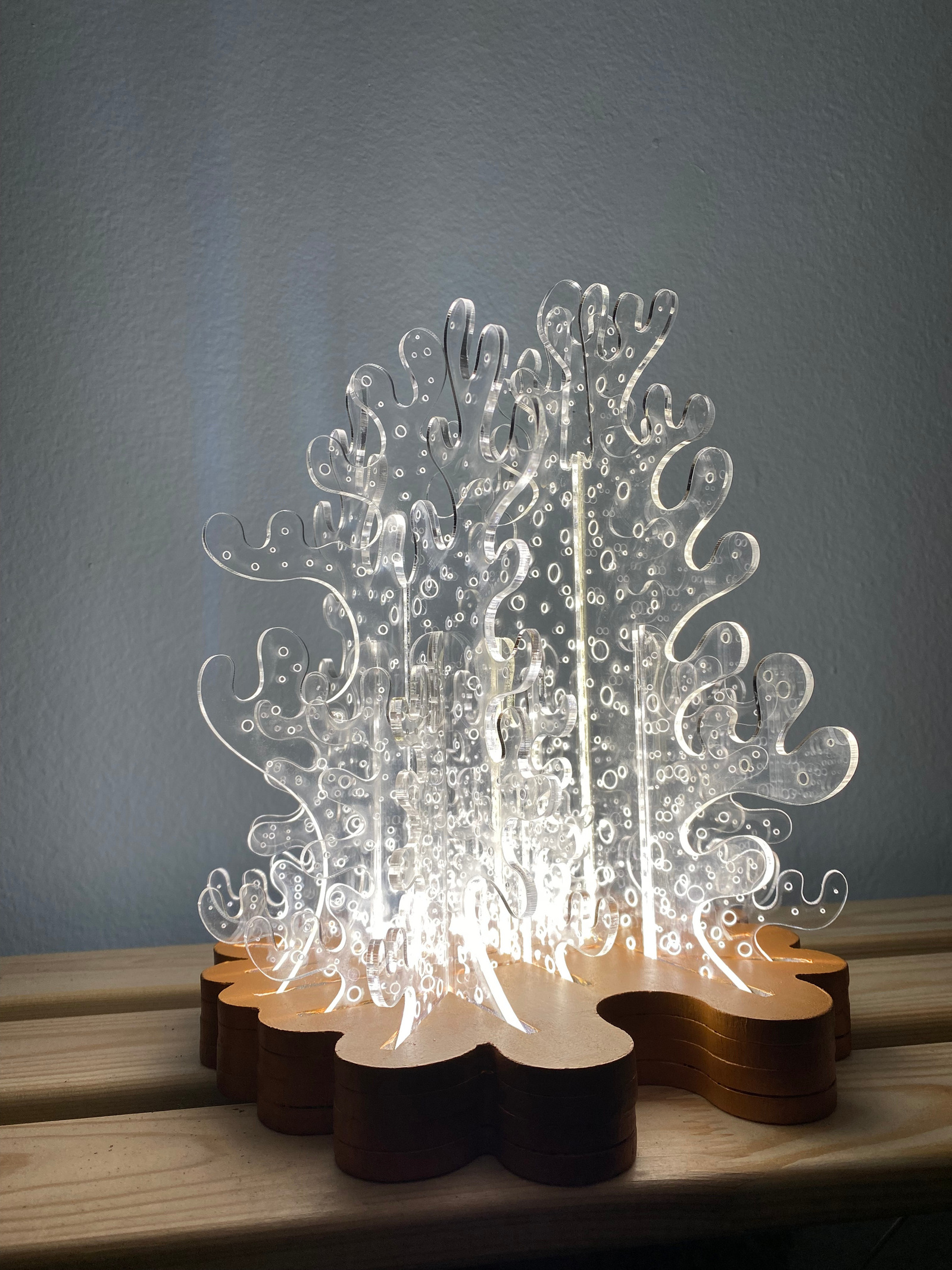 This was my very first product, designed and built during my Luminarie studio. This was an exploration of Coral and its form. I wanted to play with edge lighting and see how far I could push the idea and form of coral.