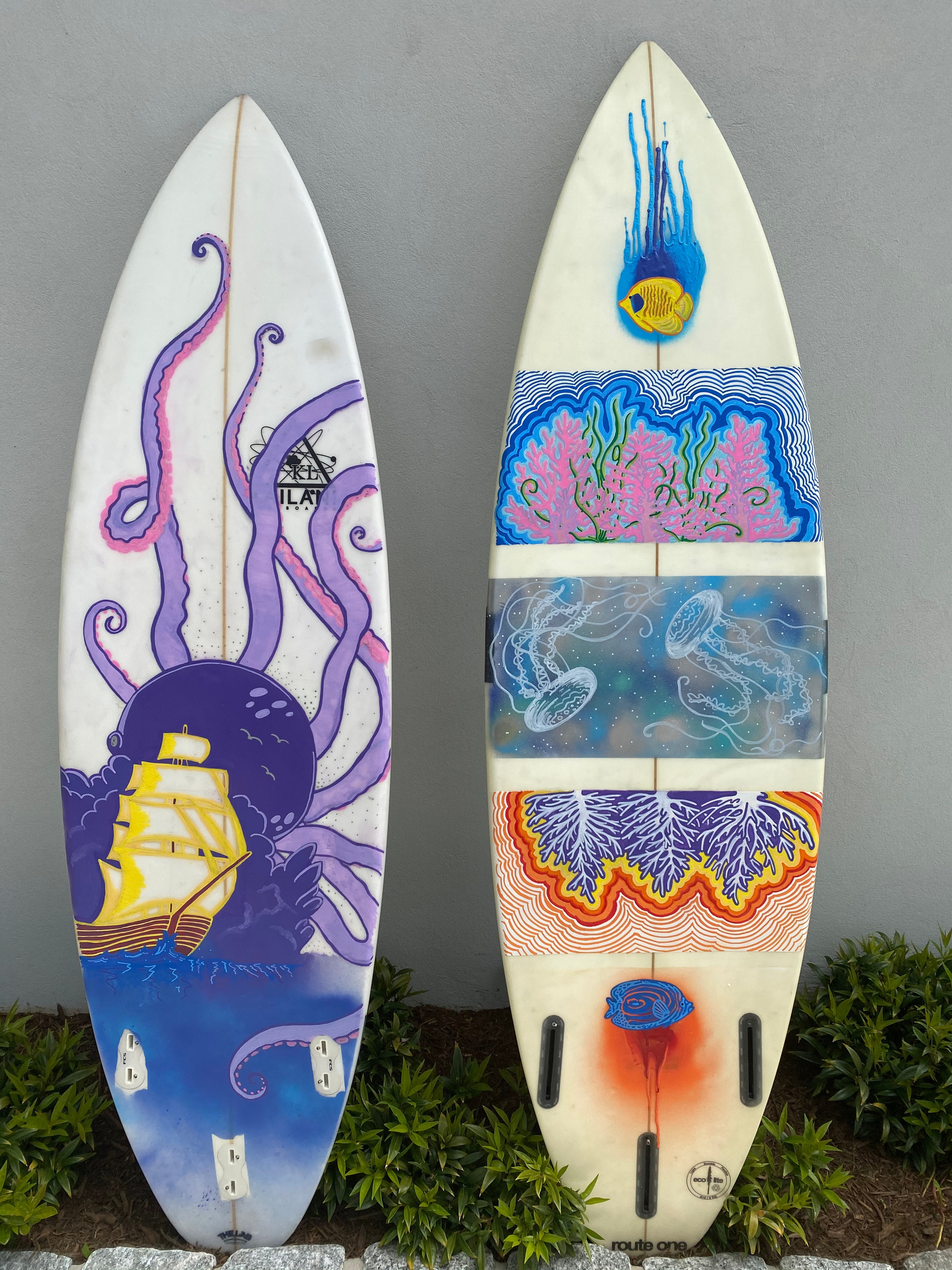 For my senior project in high school, I was given the opportunity to paint some old surfboards. One (the octopus) paid homage to my high school, Tabor, and the other was a commentary on coral bleaching and decreasing in our oceans.