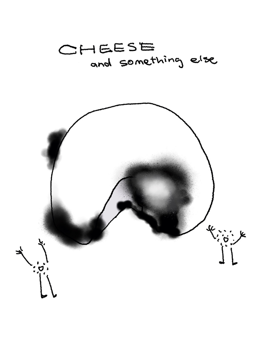 2 anthropomorphic molds dancing around a molded mozzarella cheese. above is hand-written text "cheese and something else".