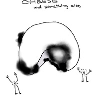 2 anthropomorphic molds dancing around a molded mozzarella cheese. above is hand-written text "cheese and something else".