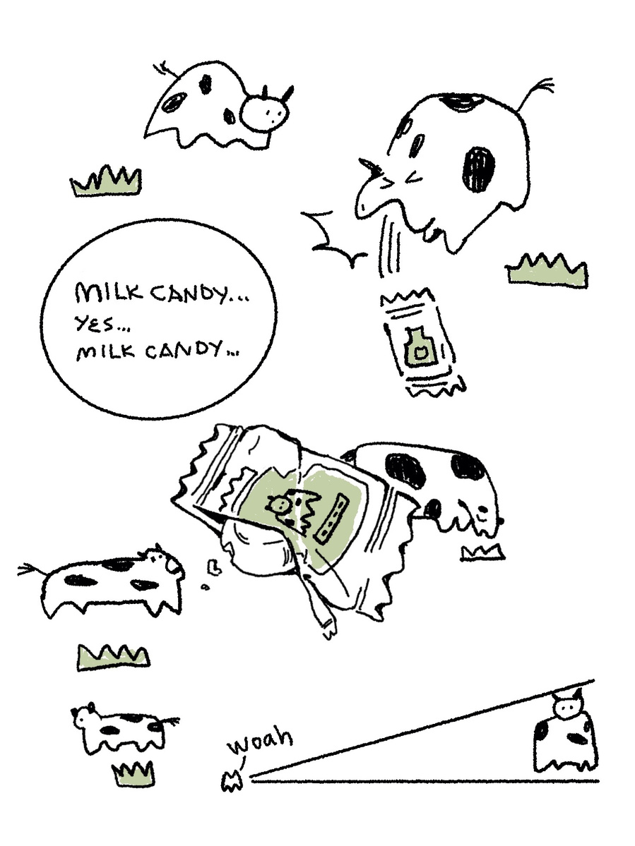 drawing of cow puking out milk candy in individual package.