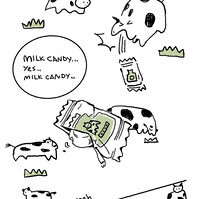 drawing of cow puking out milk candy in individual package.