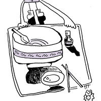 a grass shaped creature holding the tray. there's an empty noodle bowl and  chopsticks on the tray. the lion-like creature jumping off the tray. below is a line of text "enjoy your food" "the19ave" total copies of 30