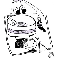 a grass shaped creature holding the tray. there's an empty noodle bowl and  chopsticks on the tray. the lion-like creature jumping off the tray. below is a line of text "enjoy your food" "the19ave" total copies of 30
