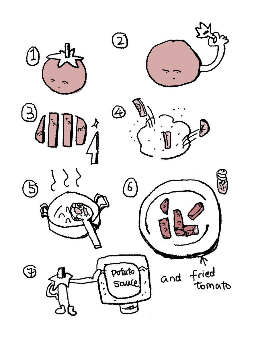 ​a step by step tutorial of making fried tomato with potato sauce