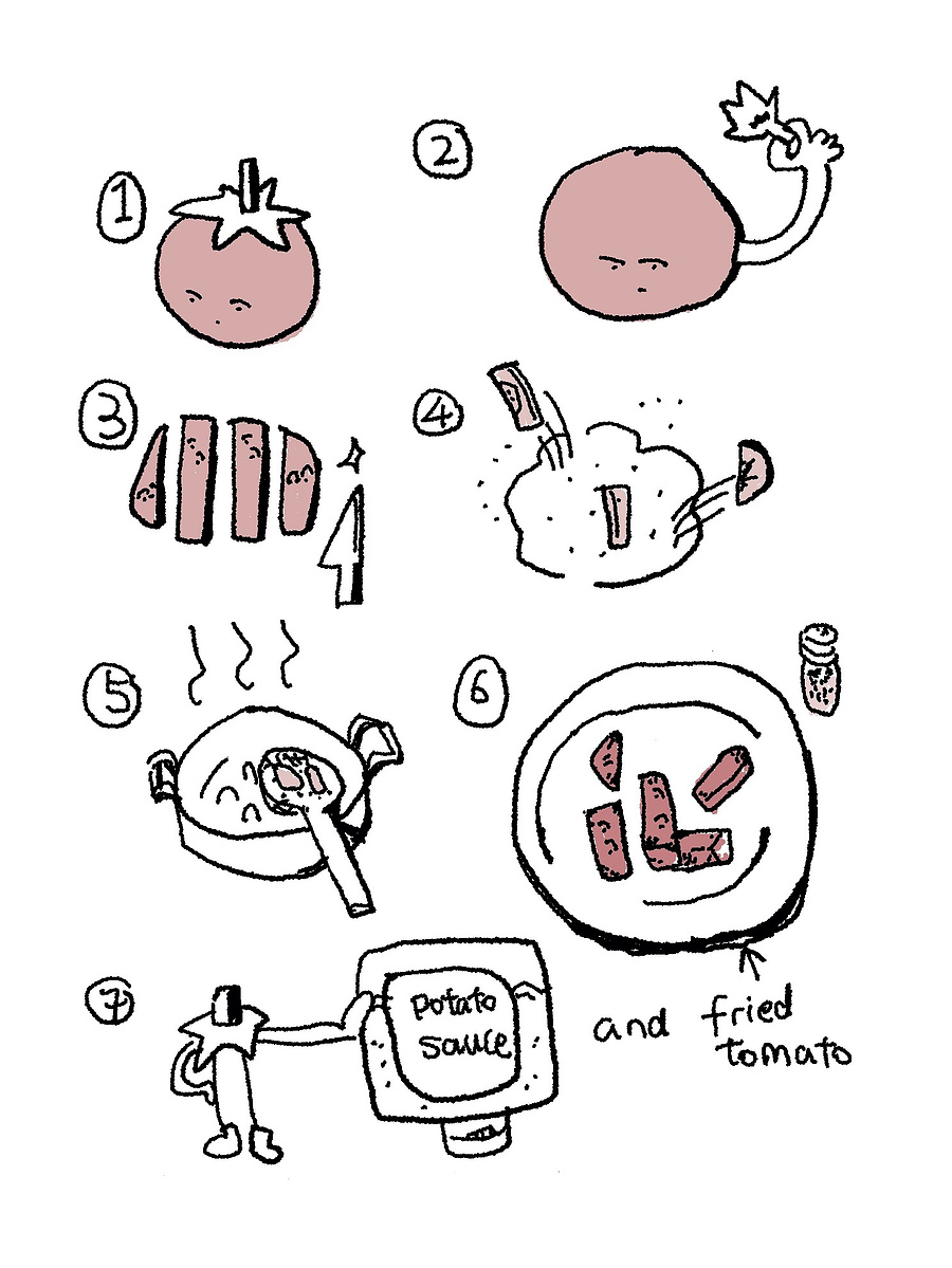 ​a step by step tutorial of making fried tomato with potato sauce