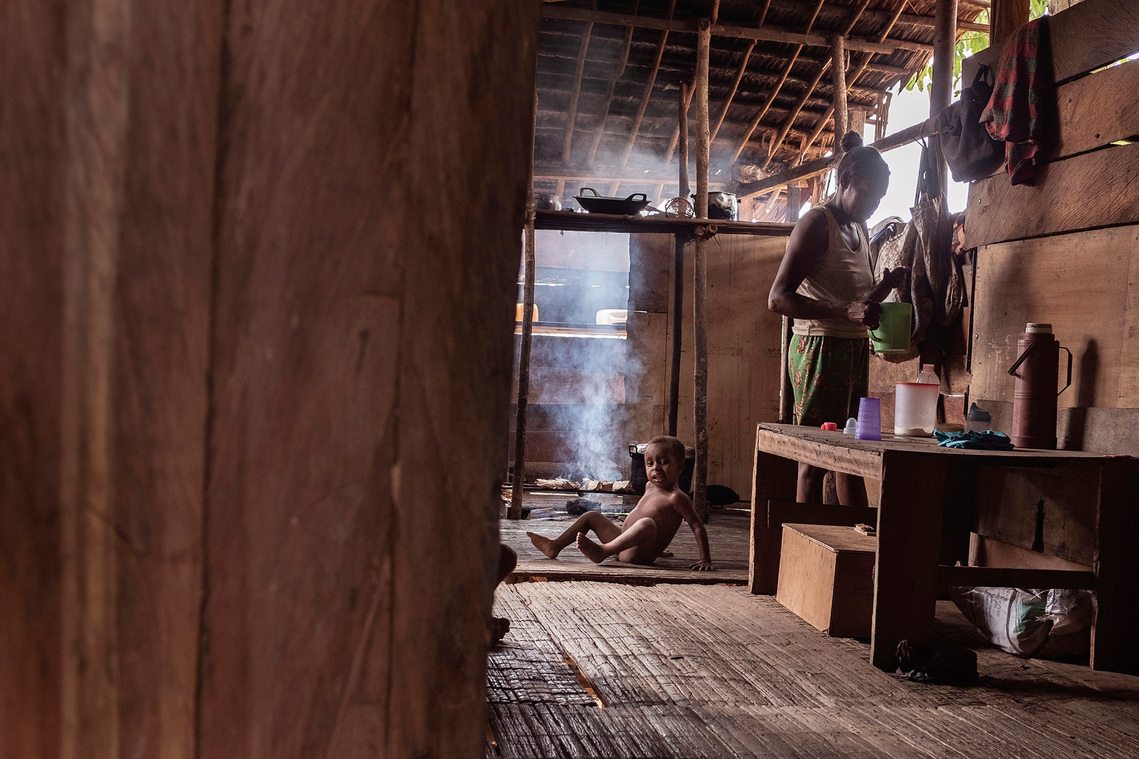 Boven Digul, Papua, Indonesia, 2019. The the indigenous people's houses are made of wood and the floors are made of sago bark. All materials come from the forest.