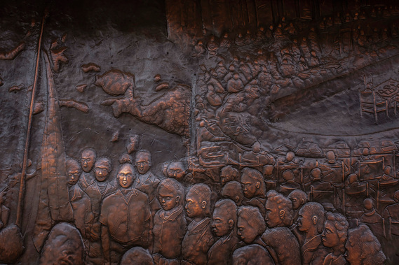 A relief sculpture of the Red-and-White-flag  after the Act of the Choice (Pepera), 1969, at the West Irian Liberation Monument.