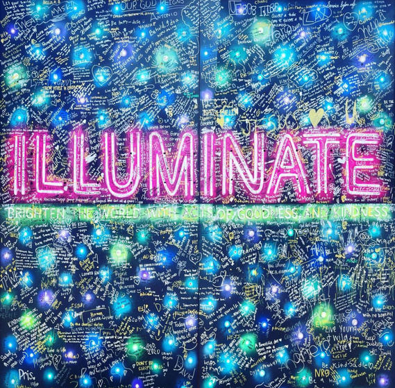 Mural with painted neon lights. The large word reads 