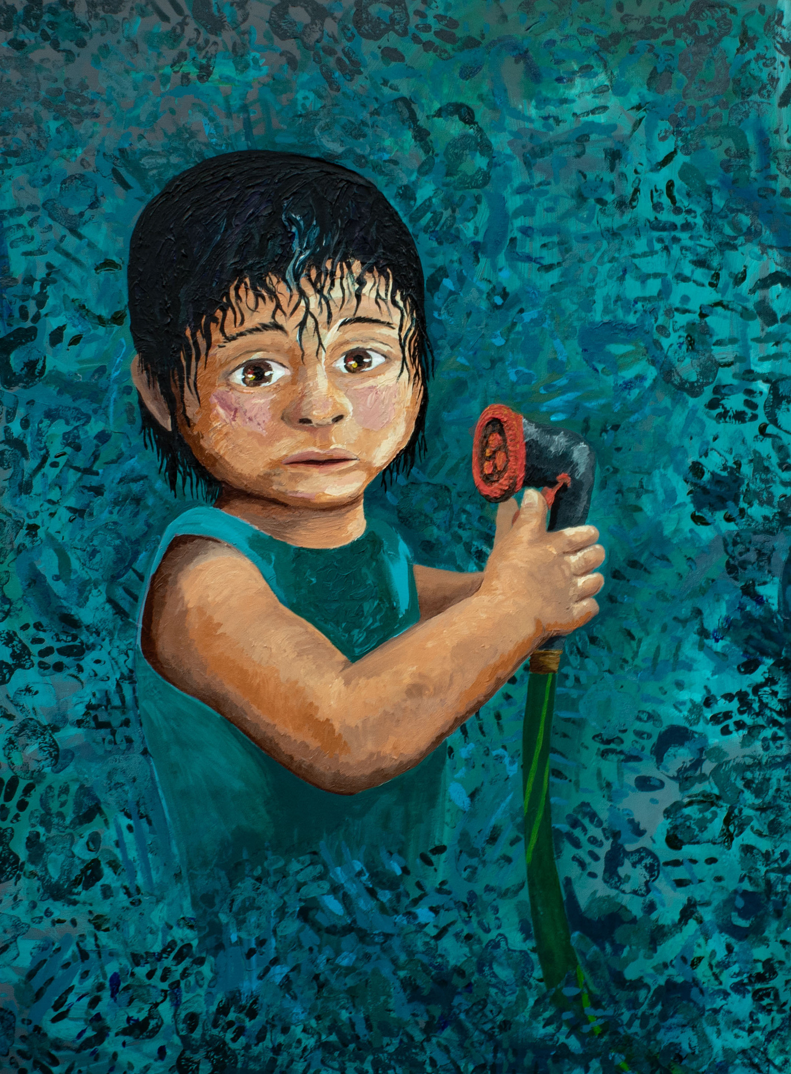 Child with wet hair holds a hose and sprayer towards their face. Their two thumbs lay on the trigger of the spray gun