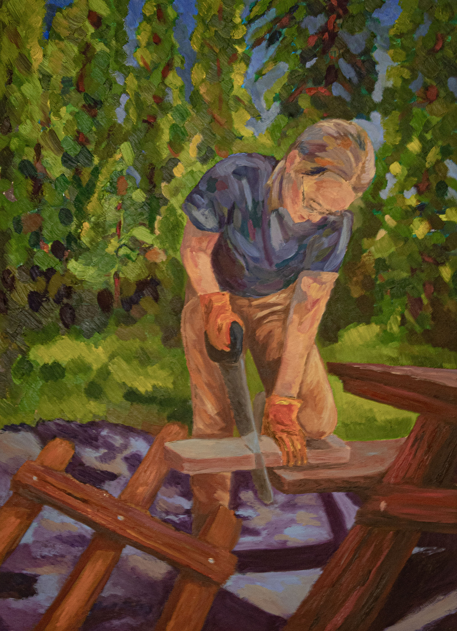 Figure saws wood using knee as support on a wooden park bench