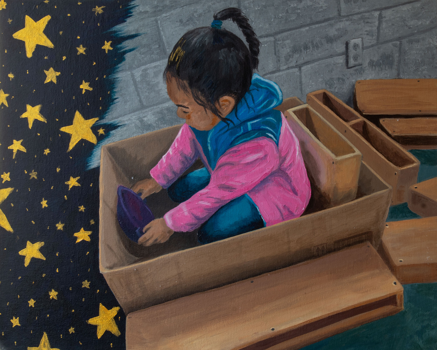 A child sits in a cardboard box. She uses a plastic bowl as a "steering wheel". Wooden blocks surround the box. She drives it into a night sky full of star shapes.