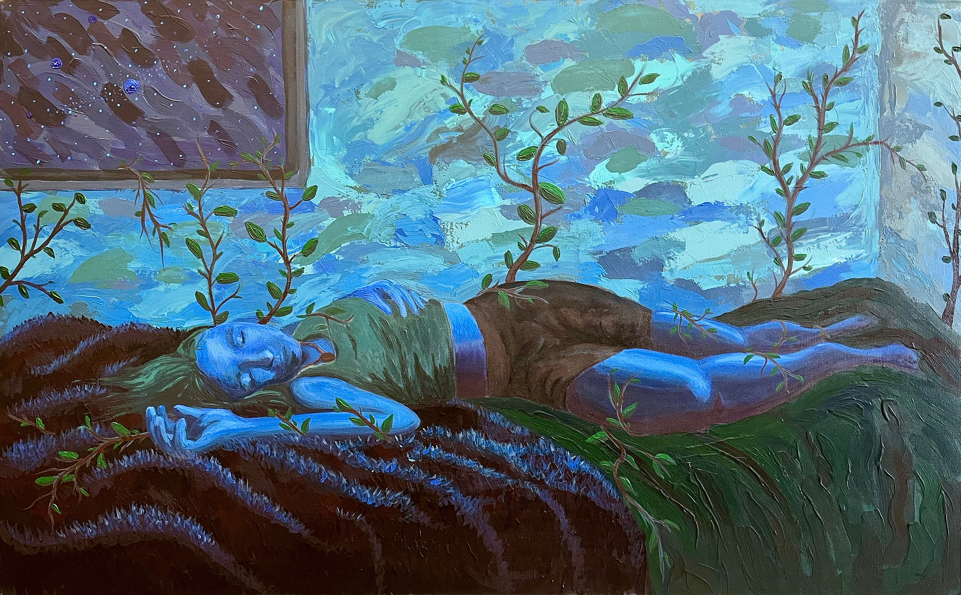 Figure appears asleep on a bed of grass. Leaves and vines grow up the wall behind them.