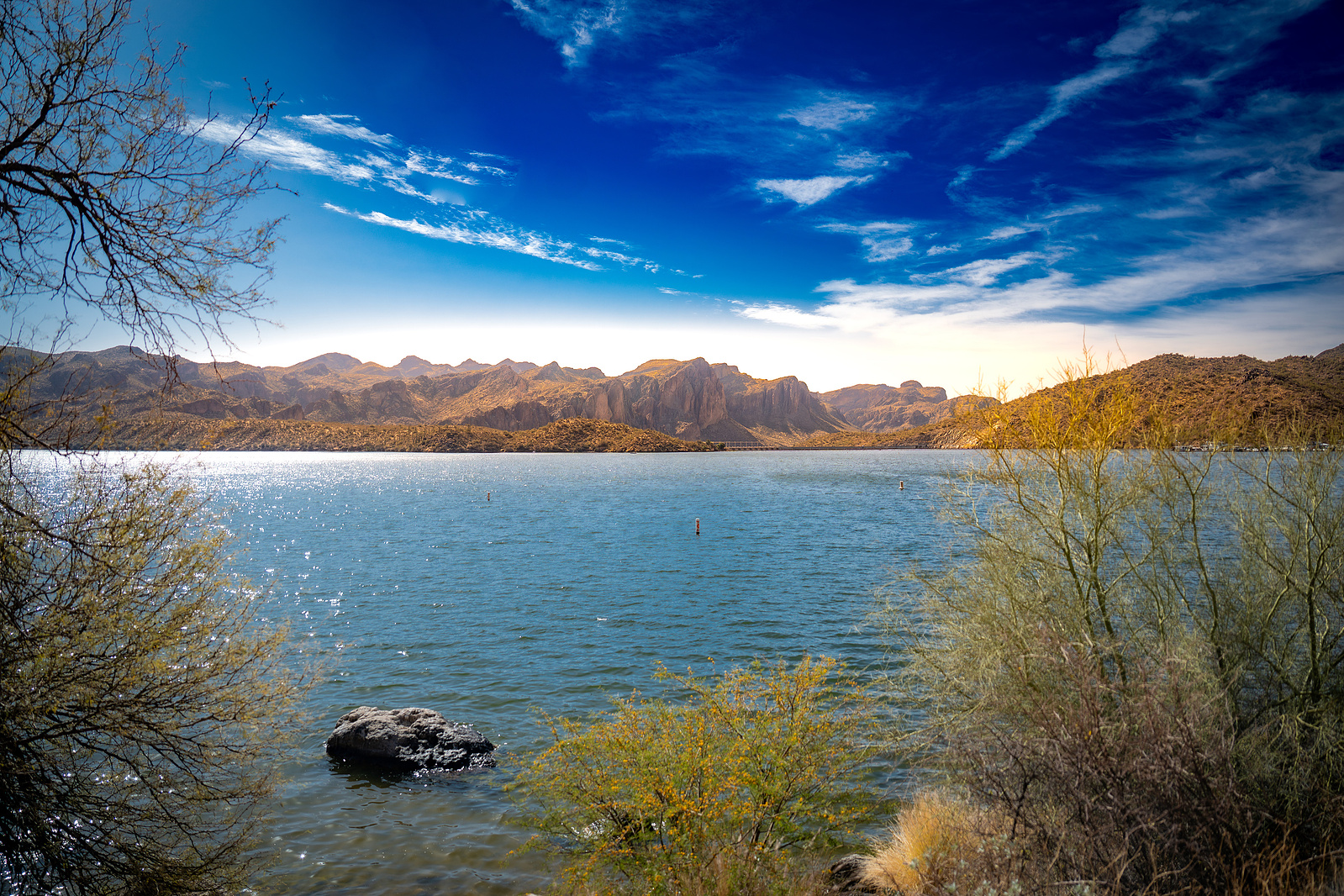 Peaceful shoreline view at Saguaro Lake with golden light on desert brush and blue skies overhead.