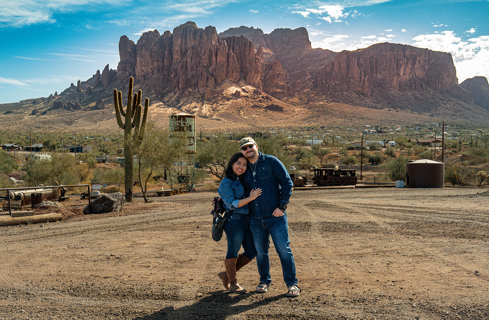Scenic group portrait in front of the Superstition Mountains at Goldfield Ghost Town, Arizona.