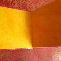 Inside front cover of the book now covered in a golden yellow card endpaper.