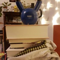a pile of heavy books with a 7.5kg weight on top.  there are fairy lights and plants in the background.