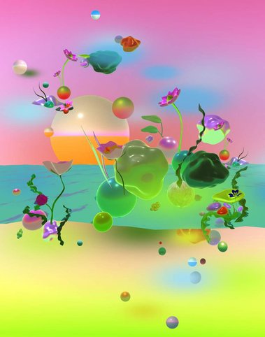 Interactive gallery, VR, Digital exhibition shimmer of a petal now a mountain stream, Diana Lynn VanderMeulen. Experimental animation. Digital Artwork. Otherworldly landscape.ArtGate VR, Sky Fine Foods Gallery. 