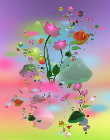Interactive gallery, VR, Digital exhibition shimmer of a petal now a mountain stream, Diana Lynn VanderMeulen. Experimental animation. Digital Artwork. Otherworldly landscape.ArtGate VR, Sky Fine Foods Gallery. Bloom Formation. 
