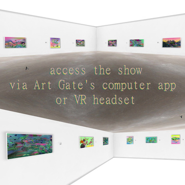 Interactive gallery, VR, Digital exhibition shimmer of a petal now a mountain stream, Diana Lynn VanderMeulen. Experimental animation. Digital Artwork. Otherworldly landscape. ArtGate VR, Sky Fine Foods Gallery. 