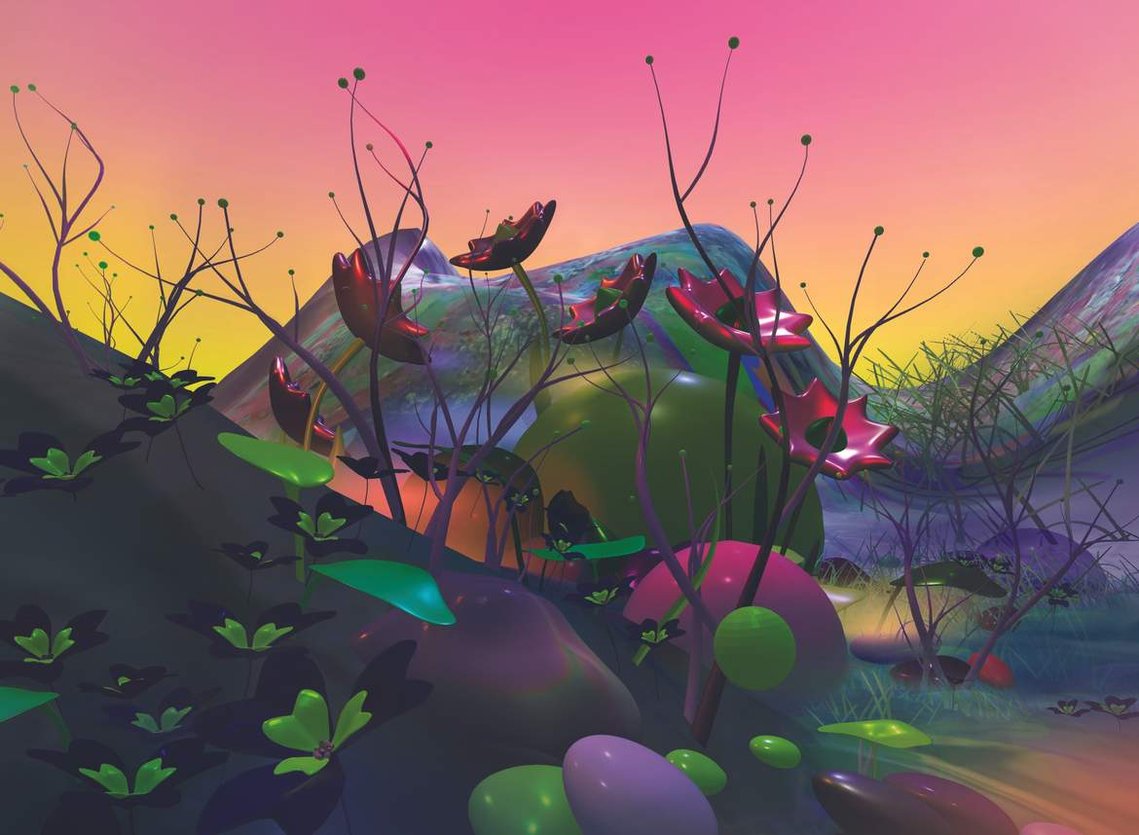 Interactive gallery, VR, Digital exhibition shimmer of a petal now a mountain stream, Diana Lynn VanderMeulen. Experimental animation. Digital Artwork. Otherworldly landscape. ArtGate VR, Sky Fine Foods Gallery. 