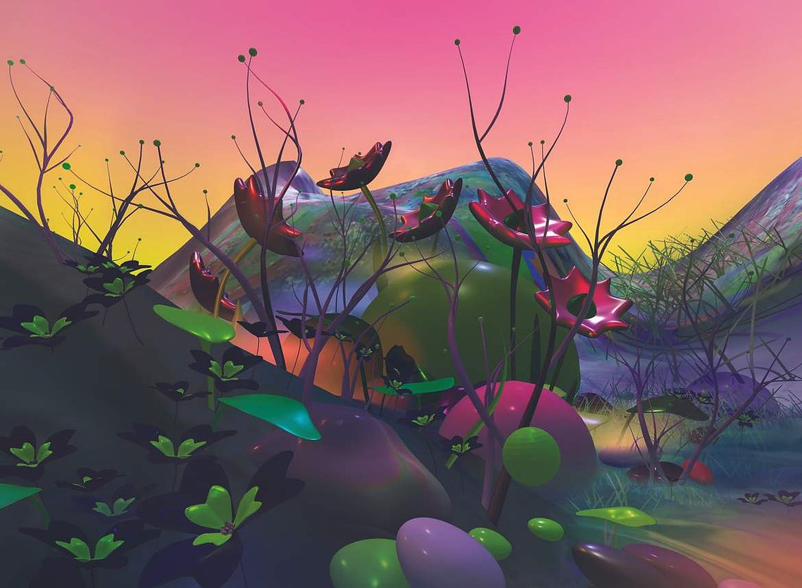 Interactive gallery, VR, Digital exhibition shimmer of a petal now a mountain stream, Diana Lynn VanderMeulen. Experimental animation. Digital Artwork. Otherworldly landscape. ArtGate VR, Sky Fine Foods Gallery. 