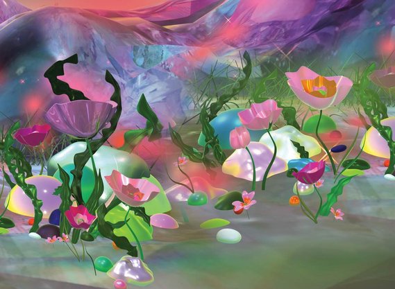 Interactive gallery, VR, Digital exhibition shimmer of a petal now a mountain stream, Diana Lynn VanderMeulen. Experimental animation. Digital Artwork. Otherworldly landscape. ArtGate VR, Sky Fine Foods Gallery. 