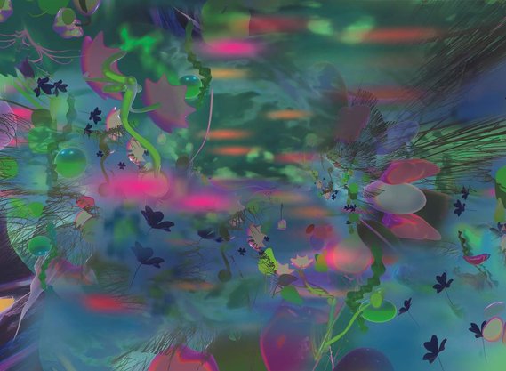 Interactive gallery, VR, Digital exhibition shimmer of a petal now a mountain stream, Diana Lynn VanderMeulen. Experimental animation. Digital Artwork. Otherworldly landscape. ArtGate VR, Sky Fine Foods Gallery. 