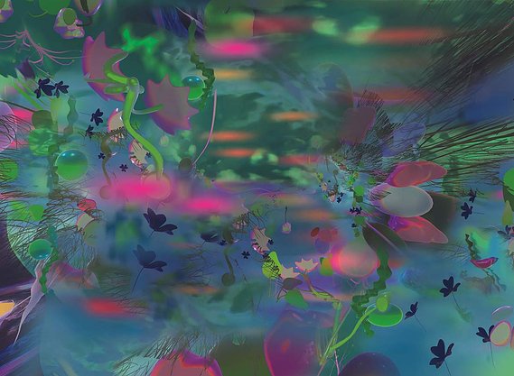Interactive gallery, VR, Digital exhibition shimmer of a petal now a mountain stream, Diana Lynn VanderMeulen. Experimental animation. Digital Artwork. Otherworldly landscape. ArtGate VR, Sky Fine Foods Gallery. 