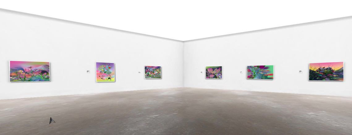 Interactive gallery, VR, Digital exhibition shimmer of a petal now a mountain stream, Diana Lynn VanderMeulen. Experimental animation. Digital Artwork. Otherworldly landscape.ArtGate VR, Sky Fine Foods Gallery. 