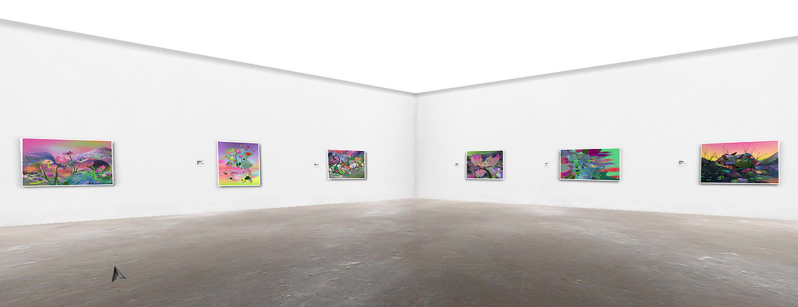 Interactive gallery, VR, Digital exhibition shimmer of a petal now a mountain stream, Diana Lynn VanderMeulen. Experimental animation. Digital Artwork. Otherworldly landscape.ArtGate VR, Sky Fine Foods Gallery. 