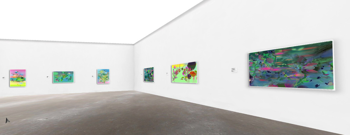 Interactive gallery, VR, Digital exhibition shimmer of a petal now a mountain stream, Diana Lynn VanderMeulen. Experimental animation. Digital Artwork. Otherworldly landscape. ArtGate VR, Sky Fine Foods Gallery. 
