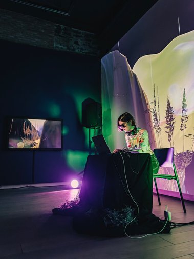 Diana Lynn VanderMeulen a Boundless and Radiant Aura. Installed for PIQUE at SAW Gallery. Cosmic formations, Plants, 3D artwork. Made with Unity. Performance by Stefana Fratila