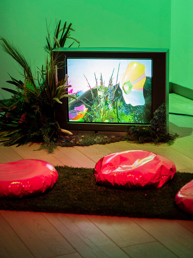 CRT tv installation, Diana Lynn VanderMeulen a Boundless and Radiant Aura. Installed for PIQUE at SAW Gallery. Cosmic formations, Plants, 3D artwork. Made with Unity. 