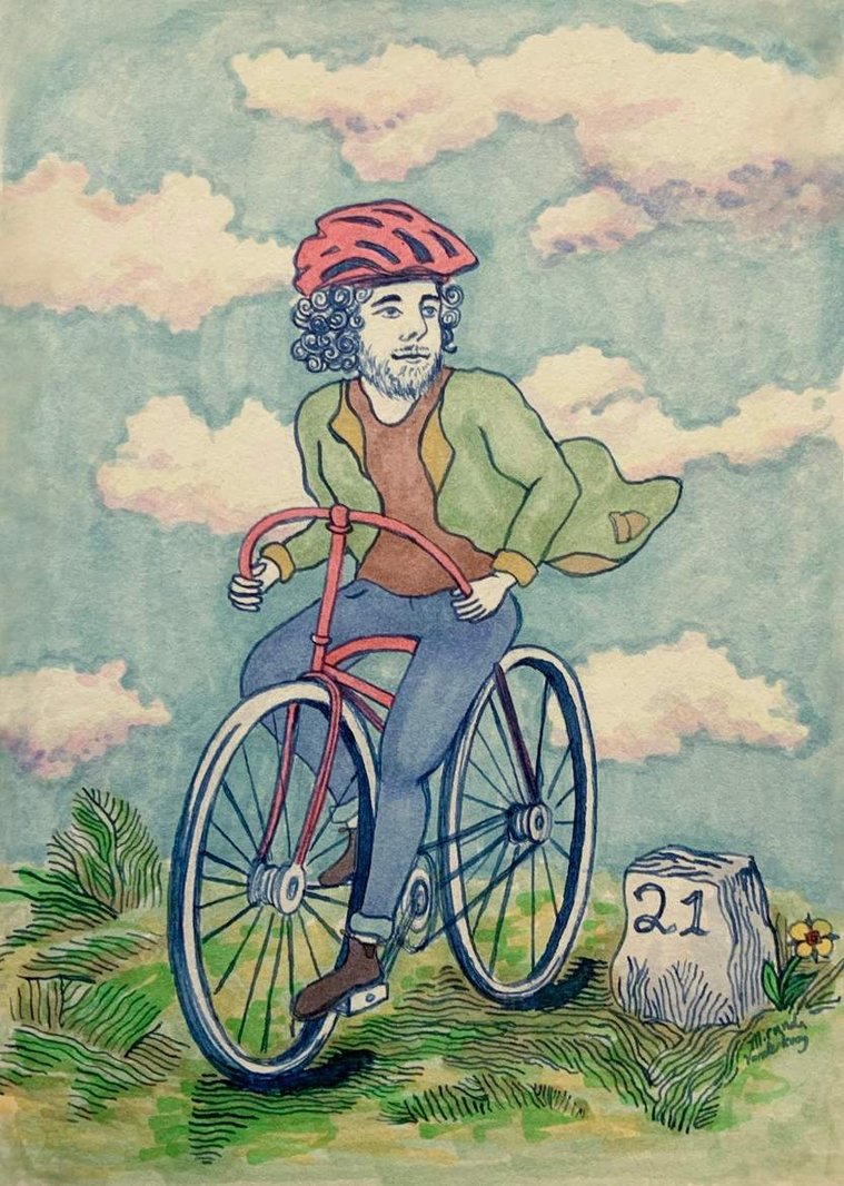 Bicycle Ben: Ben loves his bike. Made with marker and ink on toned paper. Inspired by Bicycle Playing Cards' Joker card.