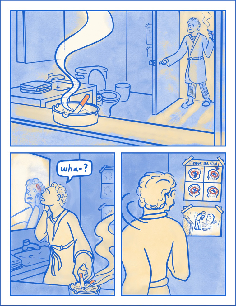 Page 2 of a short comic inspired by an excerpt from Jonathan Nolan’s 2001 short story, Memento Mori.