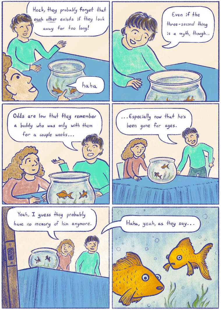 Frankie, Page 2: A silly, short comic in which two siblings contemplate the memory span of their goldfish.